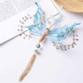 FRESHME Blue Butterfly Hair Clip - 1 Pc Fairy Hair Accessories with Tassel Butterfly Wing Elf Claw Clips Elven Hair Clamp for Women Prom Fantasy Renfaire Cosplay Dess Up Hair Accessories