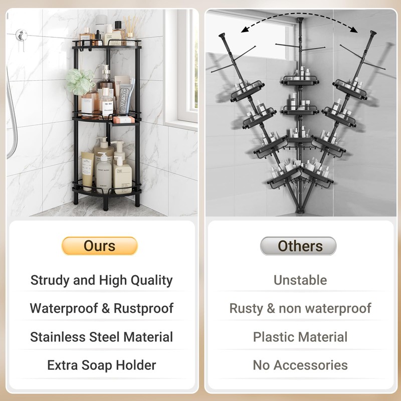 ELYKEN Corner Shower Caddy Standing, 3 Tier Rustproof Metal Shower