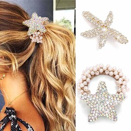 Fashey Starfish Hair Tie Crystal Ponytail Holders Elastic Hair Bands Rhinestone Hair Accessories for Women（Pack of 2）(Type A)