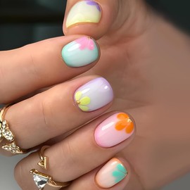 Flower Press on Nails Short Square Fake Nails with Gold Glitters Colorful Petals Design Cute False Nails Glossy Glue on Nails Artificial Acrylic Nails Summer Floral Stick on Nails for Women 24Pcs