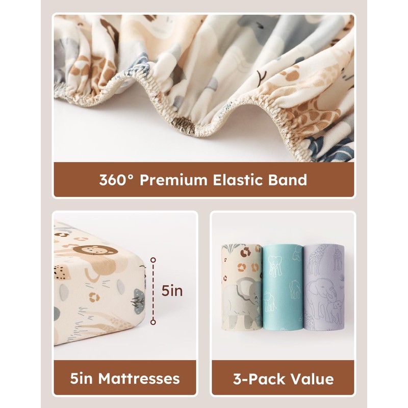 Unnivoll Pack and Play Sheets Fitted 3 Pack, Mini Crib