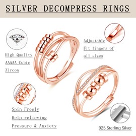 Zolkamery Silver Anxiety Ring, 925 Sterling Silver Women's Anxiety Ring with Cubic Zirconia, Open Adjustable Anti-Stress Mood Ring, Spinner Fidget Ring with Beads, 2 Pieces Unisex Stress Rings for Men