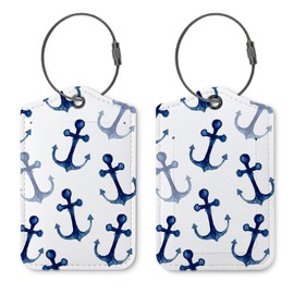 ZFQ 2 Pack Luggage Tag,Navy Anchor Beach Bag Tags Travel Suitcase Tags,Nautical Coastal Blue Luggage Tags Label with Steel Loop Baggage Tag,Ocean Sea Adventure Theme