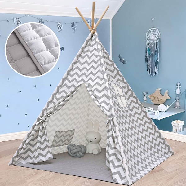 Teepee Tent for Kids with Mat- Play Tent for Boy Girl Indoor & Outdoor, Gray Chevron Heavy Cotton Canvas Teepee