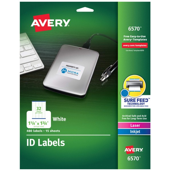 Avery ID Labels, Sure Feed Technology, Permanent Adhesive, 1.25" x