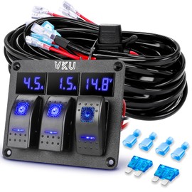 VKU Light Bar Wiring Harness Kit with 3 Gang Rocker Switch Panel Ammeter and Voltmeter Display, 12V to 24V DC Aluminum ON Off Panel Switch, 16AWG LED Wiring Kit for RV Cars Marine Boats ATVs Trailer