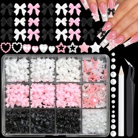 RODAKY Bow Nail Charms White Flatback Pearls 3 Colors Bowknot Nail Art Charms Resin 3D Star Heart Cute Coquette Nail Decoration Accessories for Manicure Design