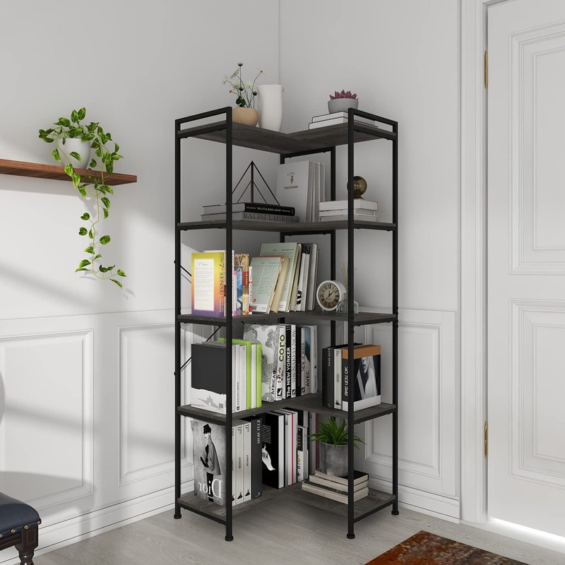 Tohomeor Bookshelf 5 Tier Deformable Corner Bookcase Free Standing Modern