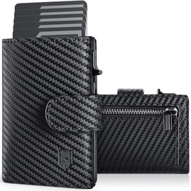 DODENSHA Kreditkartenetui geldbörse Herren RFID-Kreditkartenetui mit Münzfach, automatisches Pop-up-Kartenetui aus Aluminium für 8-10 Karten, Ausweisfenster Schwarz | Carbon