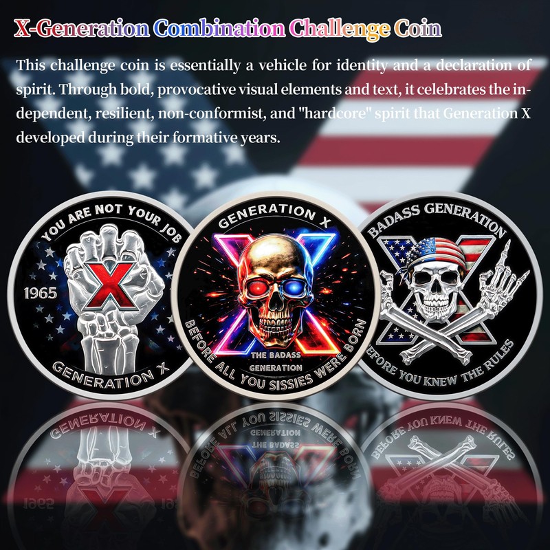 GEN X Skull Challenge Coin, Vintage Skeleton Design Collectible Coin,