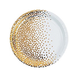 Fun Express Foil Dots Paper Dinner Plate - Party Paper Plates for Wedding - Disposable White and Gold Plates, Foil Polka Dots - Print Tableware - Print Plates & Bowls - Wedding - 8 Pieces