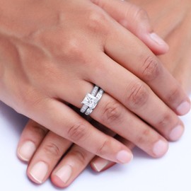 Wishrocks Wedding Engagement Ring for Women 7MM Center Princess Cut Moisssanite Bridal Set for Her In 14K White Gold Plated Sterling Silver 3 Carat Ring Size 8