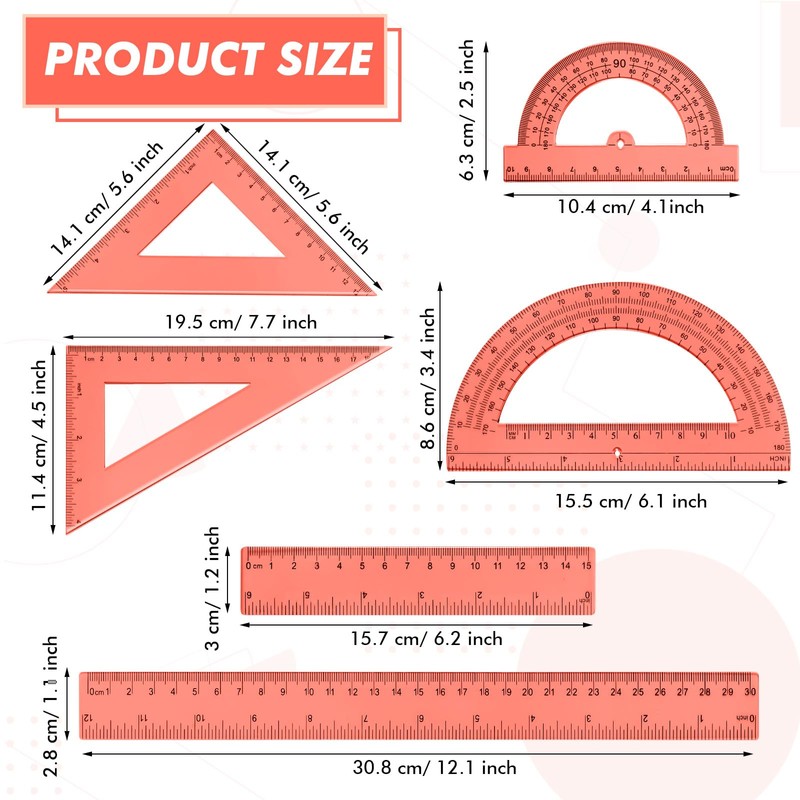 Tenare 6 Pcs Plastic Ruler Math Set Includes 12 Inch