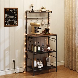 MAHANCRIS Bakers Rack with Power Outlet, Kitchen Storage Shelf with 6 Hooks, Microwave Stand with Storage, 4-Tier Coffee Bar Station, for Kitchen, Dining Room, Rustic Brown BRHR35E01
