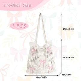 Beach Bag Crochet Tote Bag Bow Mesh Beach Bags for Women Polyester Shoulder Bags Women Girls Handbag for Holiday Summer Beach Shopping, pink