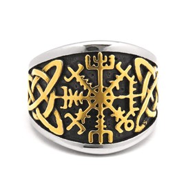 Gungneer Golden Stainless Steel Viking Compass Vegivisir Ring for Men Women, Norse Pagan Jewelry Ring Viking Rune Beard Beads Gift