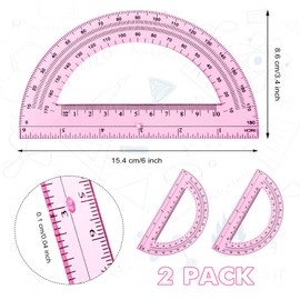 Zonon 2 Pcs 6 Inch Plastic Protractor Math Protractors 180 Degrees Angle Measurement, Translucent for Geometry Classroom Kid Student School Office Supplies(Light Pink)
