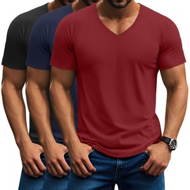 Riyiper 3 Pack Men's V Neck T-Shirts Short Sleeve Curved Hem Casual Shirts Raglan Soft Basic Tee 2025 Summer Clothes(Black, Navy Blue, Wine Red,X-Large)