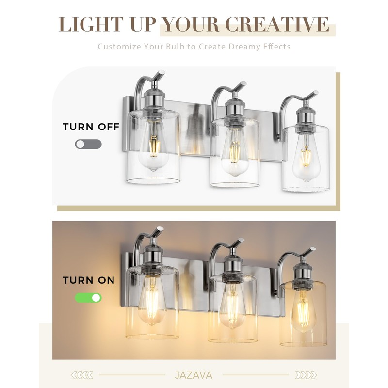 JAZAVA 3-Light Bathroom Vanity Light, Brushed Nickel Wall Sconce, Modern