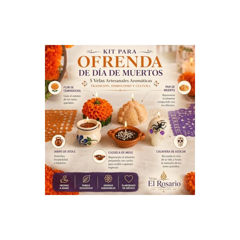 Kit Ofrenda Día de Muertos 5 Velas Artesanales – Velas