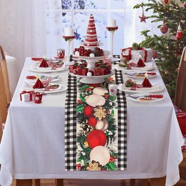 Camino de Mesa Navideño,Adornos de Invierno para la Mesa de la Cocina,Adornos de Interior para Fiestas en el Exterior,Tejido de Lino Duradero (33*183cm, Bola de Navidad a cuadros blancos y negros)