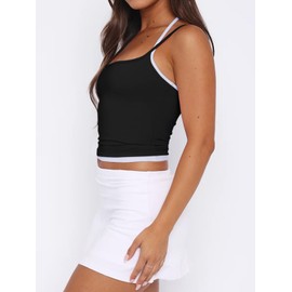 REORIA Women's Summer Casual Sleeveless Square Neck Contrast Lining Double Lined Adjustable Spaghetti Strap Y2K Trendy Going Out Camisole Crop Tank Tops Black Large