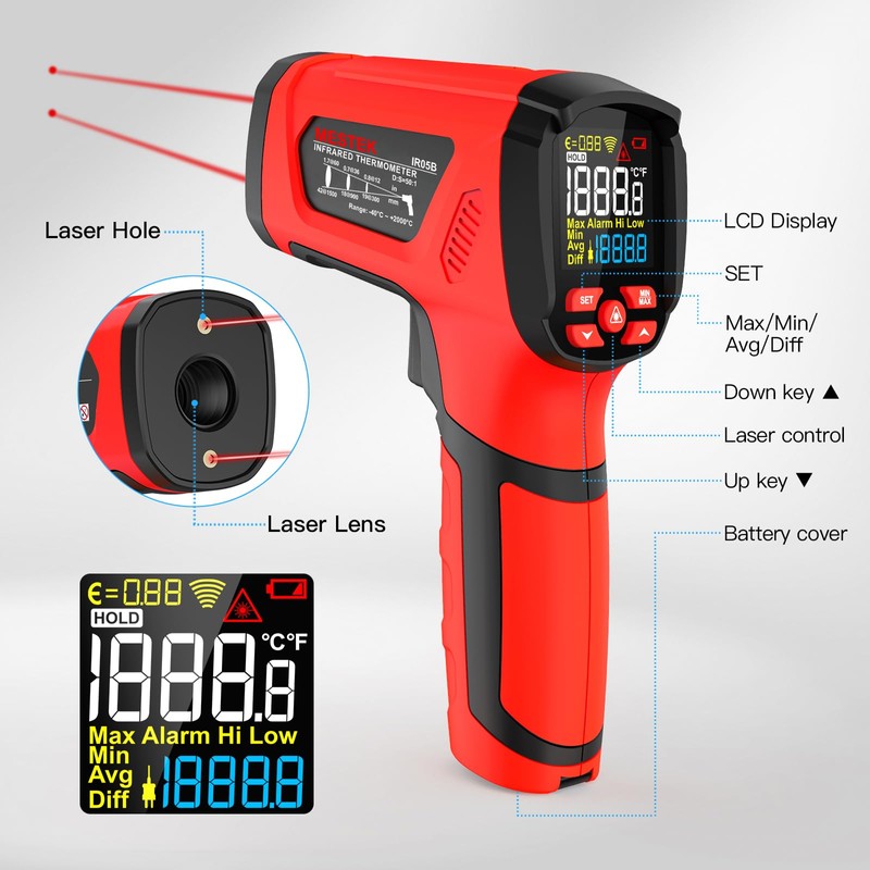 MESTEK Infrared Thermometer Temperature Gun, -40℉~3632℉, Non Contact Digital Laser