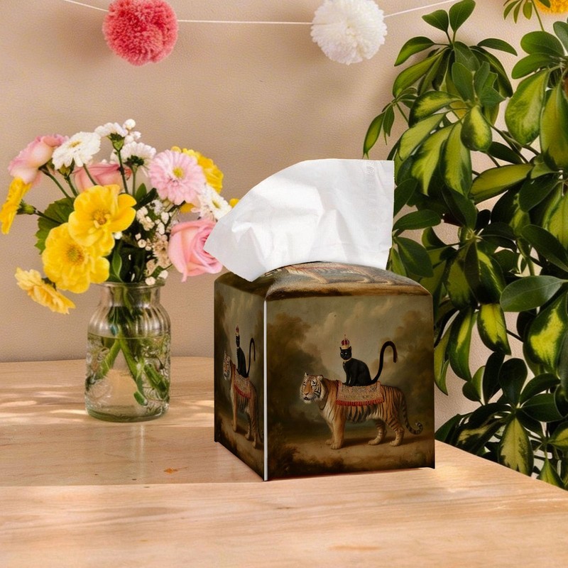 Vintage Black Cat Tiger Tissue Box Cover Square