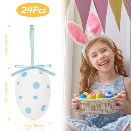 Quuylin Easter Eggs for Hanging, Pack of 24 Plastic Easter Eggs for Hanging with Ribbon, Easter Egg Decoration with Dots and Stripes for Easter Shrub Decoration, Easter Hunts - Pink, Blue