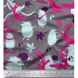 Soimoi Pink Rayon Fabric Autumn Leaves,Porcupine & Fox Animal Print Fabric BTY 56 Inch Wide