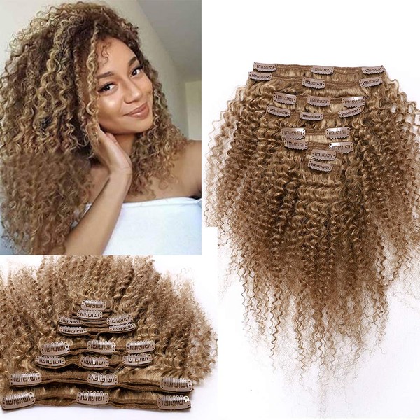 Clip-In Real Hair Extensions, Afro Hair Extensions, Real Hair, 8 Pieces, 18 Clips, Double Weft #27 Dark Blonde Hair Extensions, Kinky Curly Brazilian Human Hair, 20 cm - 95 g