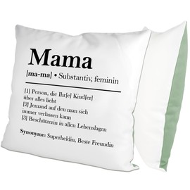 glitzertassen.de® Mum Definition Cushion with Saying Gift Mother's Day Cushion with Print Love Decorative Photo Cushion Cuddly Cushion White/Green