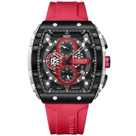 PASOY Luxury Chronograph Watches for Mens Rubber Strap Black Waterproof Date Analog Quartz Watch (Red)