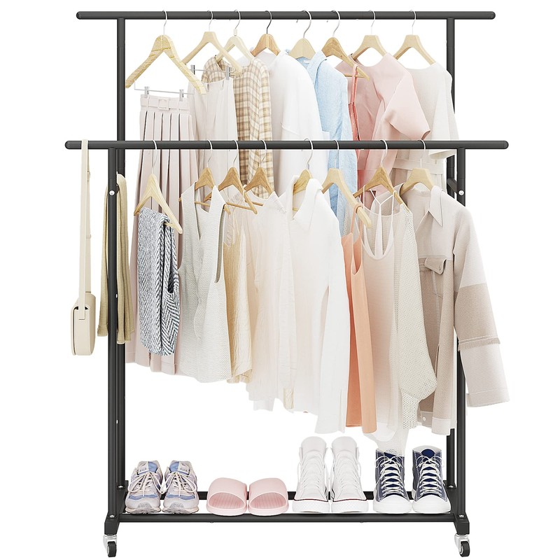Calmootey Double Rod Clothing Garment Rack,Rolling Hanging Clothes Rack,Portable Clothes