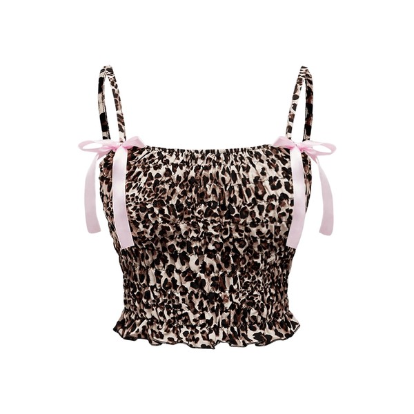 Milumia Women's Bowknot Decor Leopard Pattern Shirred Sleeveless Cami Top