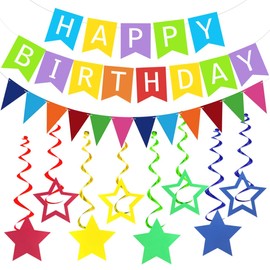 Colorful Happy Birthday Banner Multicolor Birthday Party Decorations Colorful Triangle Flag Bunting Banner Garland Star Hanging Swirls Rainbow Birthdays Party Supplies for Kids Boys Girls Men Women