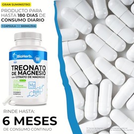 BioHerb® | L-Treonato de Magnesio + Citrato de Magnesio Al 12% Mag Elemental de Maxima Absorcion con 180 Cápsulas (Para 180 Días) Memoria, Enfoque y C