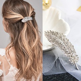Vintage Rhinestone Leaf Feather Style Hair Barrette Hair Clip Elegant French Clip Wedding Hair Pin (Silver)