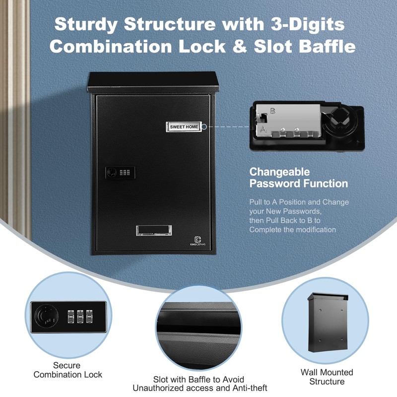 KINGCEPHAS Outside Wall-Mounted Mailbox with Combination Lock, Suggestion Box, Square
