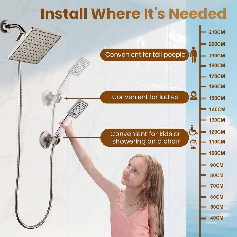 BRIGHT SHOWERS Rain Shower Head with Handheld Spray, 8 Inch