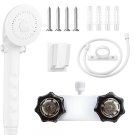 RV Shower Faucet with Showerhead Replacement Kit Soft Hose,Rv Valve Diverter with Two Knob Handles for RV Campers,White Outdoor Shower Faucet with On Off Handheld Showerhead and Valve Diverter(White)