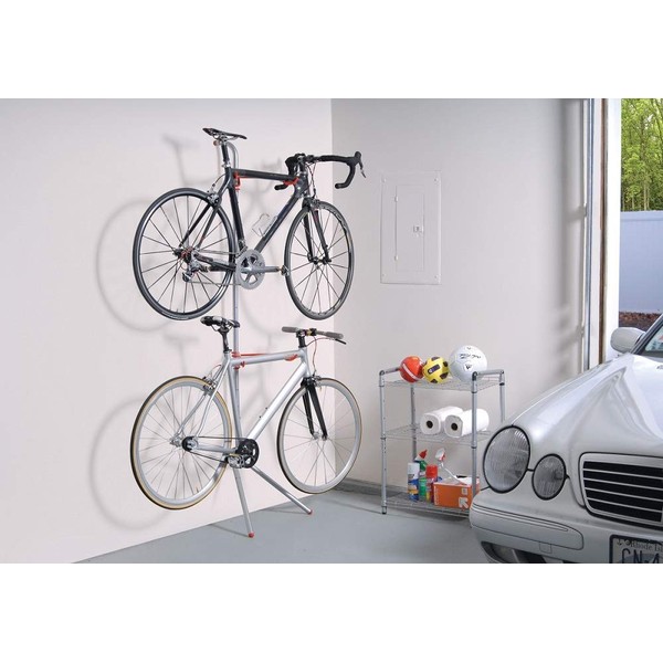 Delta Cycle Two Bike Gravity Pole Stand Garage, 2 Bike Storage Rack, No Drilling Required, Fully Adjustable Vertical Bike Rack for Any Style Bicycle, Leaning Wall Bike Rack Holds Up to 60 lbs