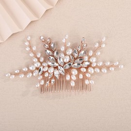 Teyglen Pearl Bride Wedding Hair Comb Bridal Rhinestone Pearl Hair Comb for Party Prom Wedding Hair Accessories for Women Handmade Crystal Hair Piece Headpiece (Rose gold)