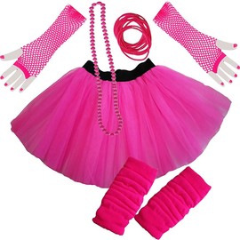 Womens Neon 2 Layer Tutu Skirt Leg Warmer Fishnet Gloves 5 Pieces Set Ladies Novelty Fancy Party Dress Costume (UK 8-14, Pink)