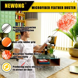 20-49inches Extendable Microfiber Feather Duster with 10pcs Replaceable Heads, Extra Long Bendable Duster for Cleaning, Electrostatic Dust Remove for Furniture, Ceiling, Window,etc (Orange)