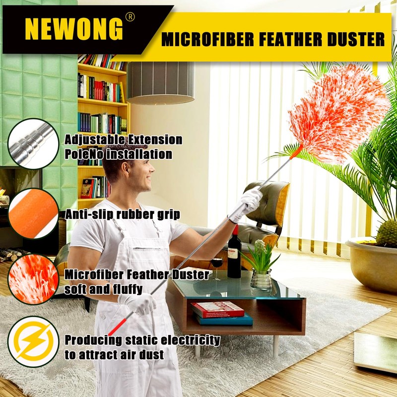 20-49inches Extendable Microfiber Feather Duster with 10pcs Replaceable Heads, Extra