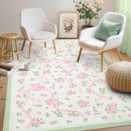 GarveeHome Coquette Green Rugs for Bedroom Girls, 3x5 Rug for Living Room with Soft Low Pile, Floral Bow Washable Area Rug for Nursery Kids Dorm Playroom