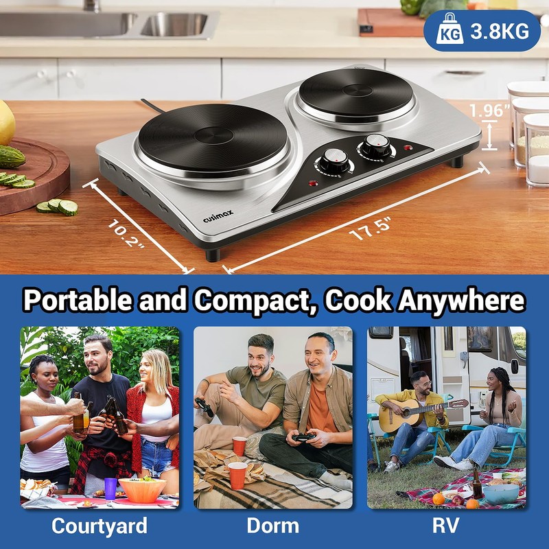 CUSIMAX Double Burners, 1800W Electric Hot Plate for Cooking Double