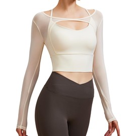 Harssidanzar Long Sleeve Yoga Shirts for Women Mesh Gym Athletic Tops Workout Shirts with Sports Bra CL304US, White,Size Small