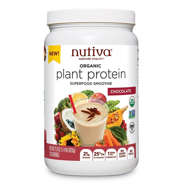 Nutiva Organic Plant Protein Superfood Smoothie, Chocolate, 1.4 Pound | USDA Organic, Non-GMO, Non-BPA | Vegan, Gluten-Free, Keto & Paleo | 22g Plant Protein Shake & Meal Replacement